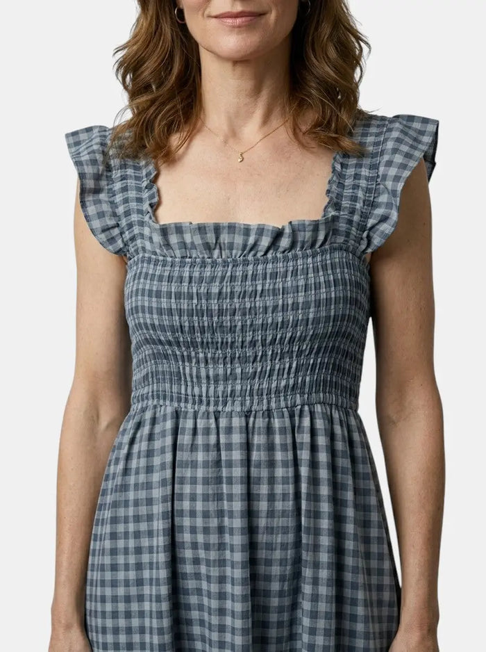 Elegant women's cotton gingham maxi dress from LondonLaneStore, flowing summer style with a relaxed fit and classic pattern.