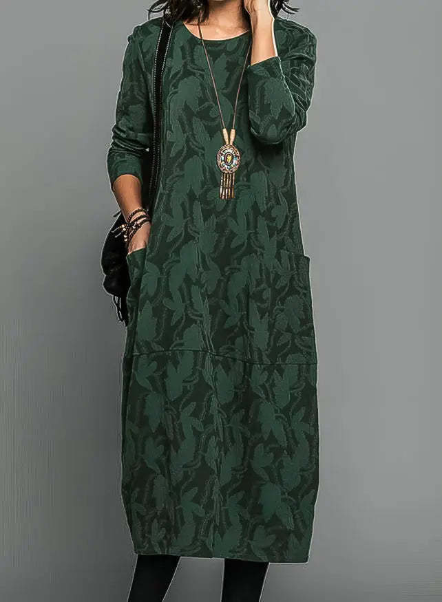 Women’s cozy knit midi dress by LondonLaneStore featuring relaxed long sleeves, pockets, perfect for winter comfort.