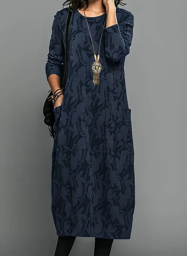 Women’s cozy knit midi dress by LondonLaneStore featuring long sleeves and pockets, perfect for casual winter wear.