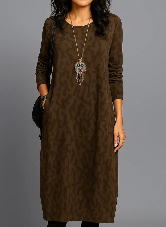 Women’s cozy knit midi dress by LondonLaneStore featuring relaxed fit, long sleeves, pockets, perfect for winter casual wear.