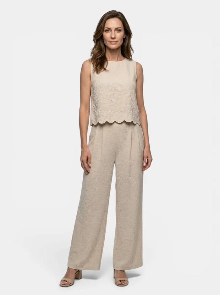 Women's crinkle fabric co-ord set featuring a relaxed sleeveless top and wide-leg trousers from LondonLaneStore.