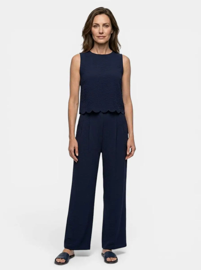 Women's crinkle fabric co-ord set with relaxed sleeveless top and wide-leg trousers, stylish and comfortable for casual wear.