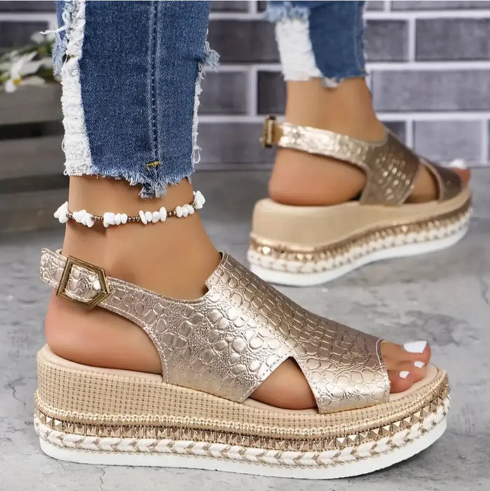 Women's crocodile embossed orthopedic sandals with glossy wedge design for elegant comfort and stylish support.