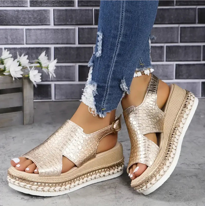 Women's crocodile embossed orthopedic sandals with glossy wedge design, offering elegant comfort and stylish support.
