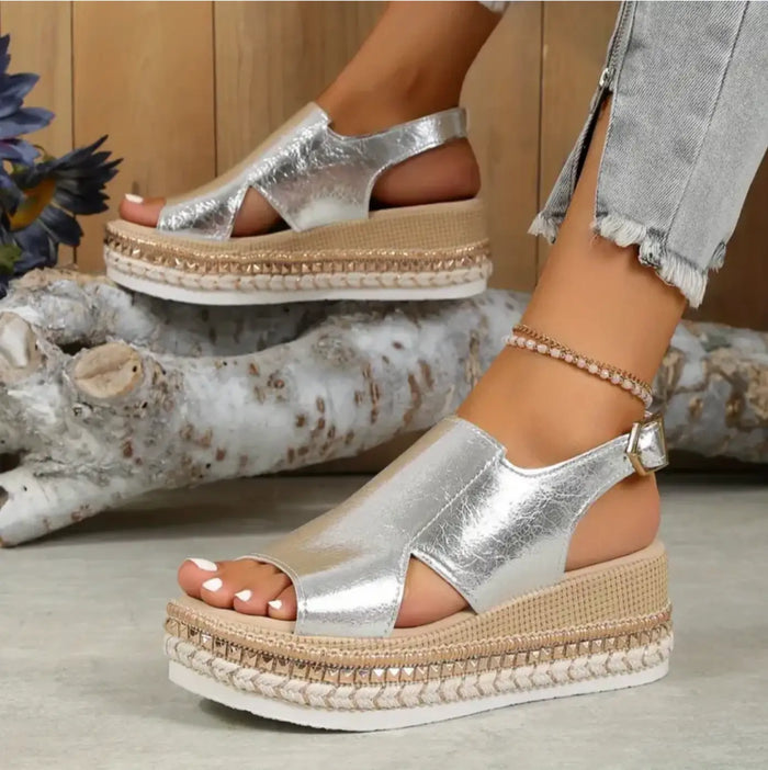 Women’s crocodile embossed orthopedic sandals with glossy wedge design for elegant comfort, featuring stylish detailing and supportive sole.
