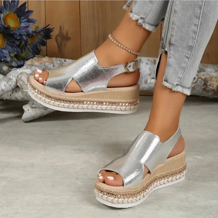 Women’s crocodile embossed glossy wedge sandals, orthopedic design, comfortable and stylish for elegant everyday wear.