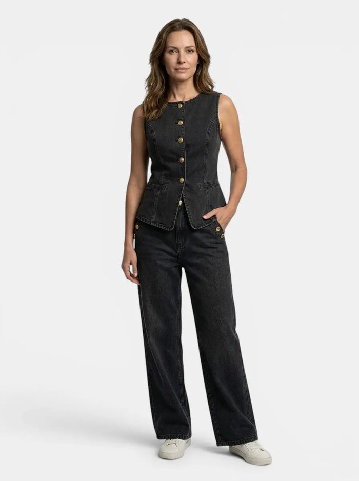 Women's denim co-ord set featuring a tailored waistcoat and wide-leg trousers from LondonLaneStore, shown on a model.