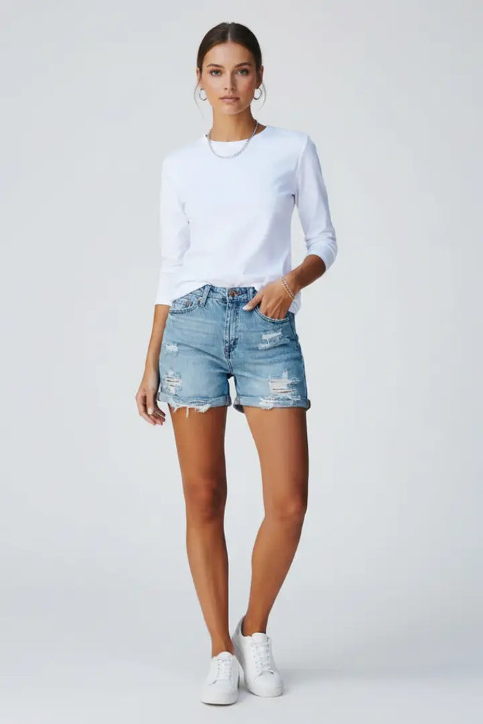 Distressed women's denim shorts with relaxed fit and fringe hem, casual summer bottoms by LondonLaneStore.