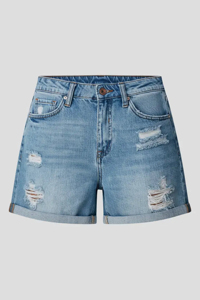 Women's distressed denim shorts with relaxed fit and fringe hem, stylish summer bottoms by LondonLaneStore.