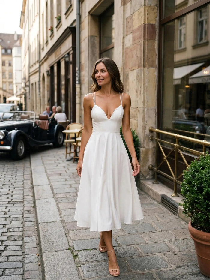 Elegant women's A-line midi dress with strappy summer design by LondonLaneStore, featuring a refined and stylish look.