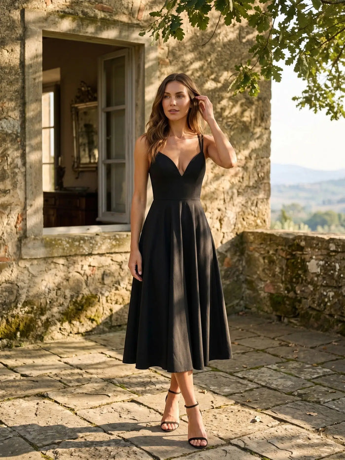 Elegant women's A-line midi dress with strappy design from LondonLaneStore, perfect for summer occasions.