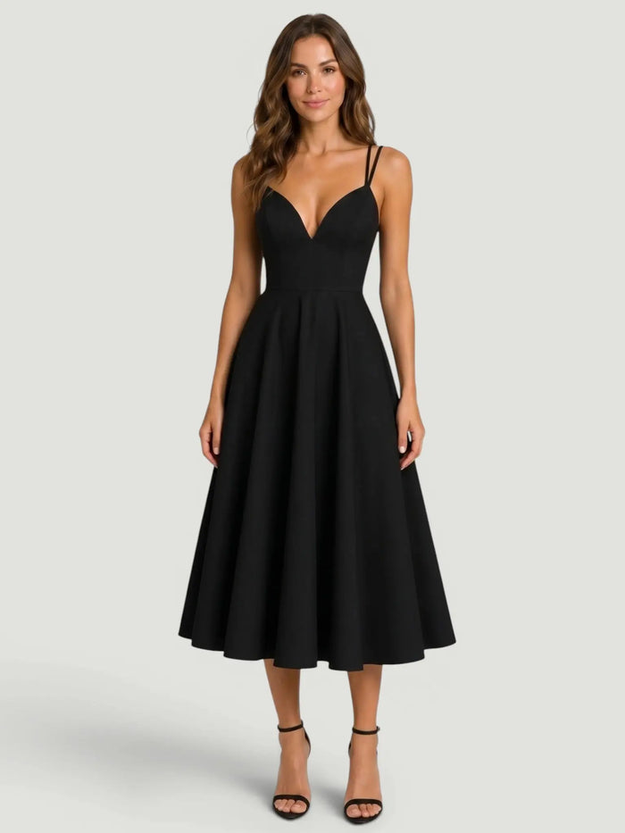 Elegant women's A-line midi dress with strappy details, perfect for summer, by LondonLaneStore. Vivid ivy print and flowing fabric.