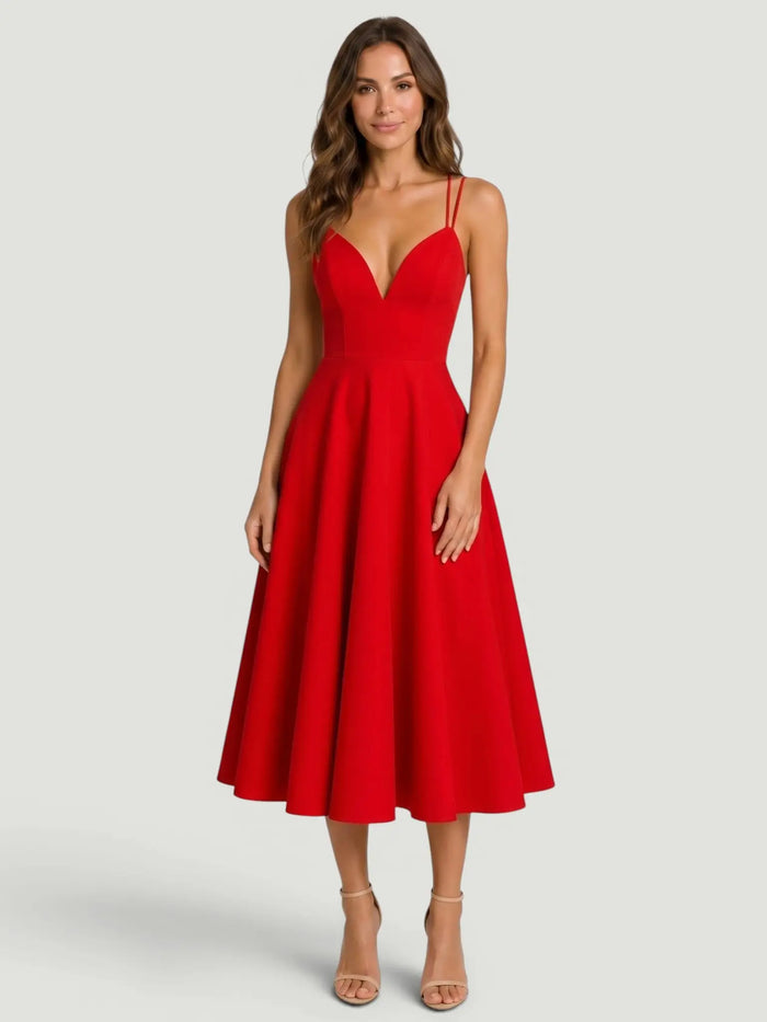 Elegant women's A-line midi dress with strappy design from LondonLaneStore, perfect for summer occasions.