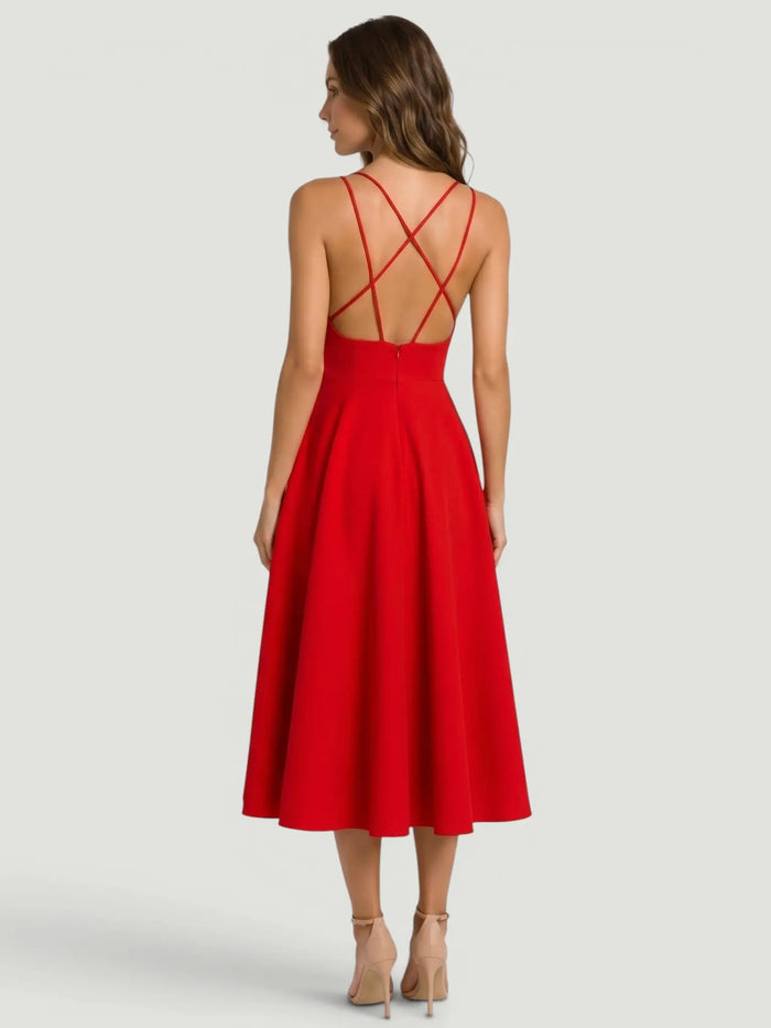 Elegant women's A-line midi dress with strappy design, perfect for summer, by LondonLaneStore.