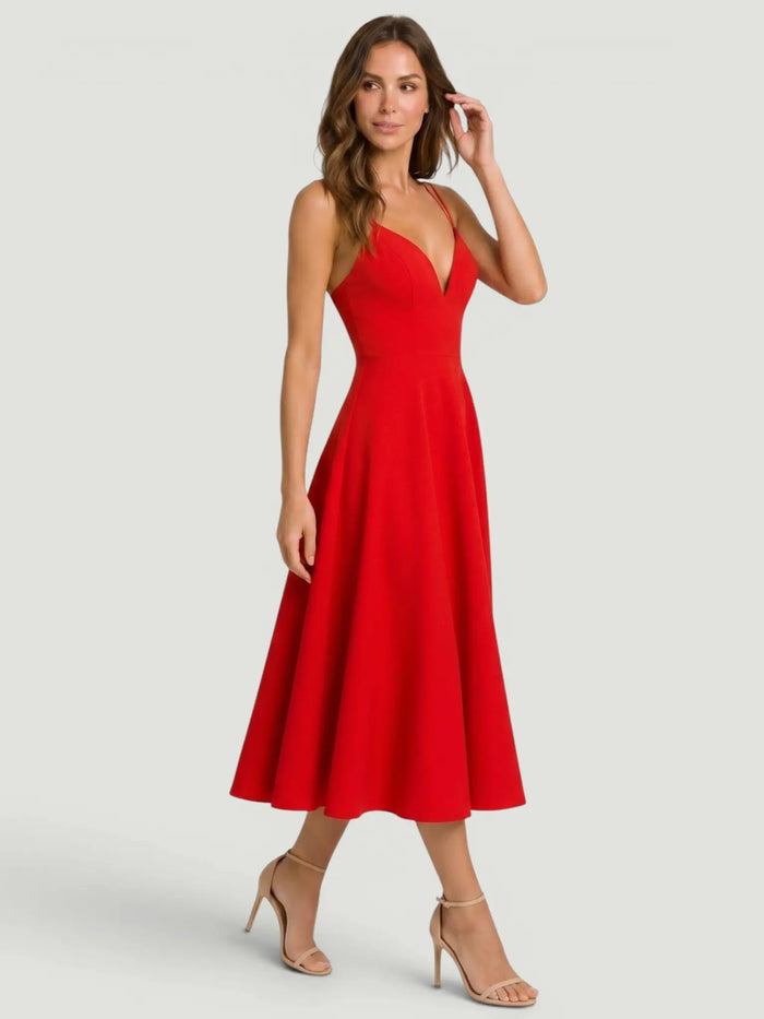 Elegant women's A-line midi dress with strappy design, perfect for summer, by LondonLaneStore.