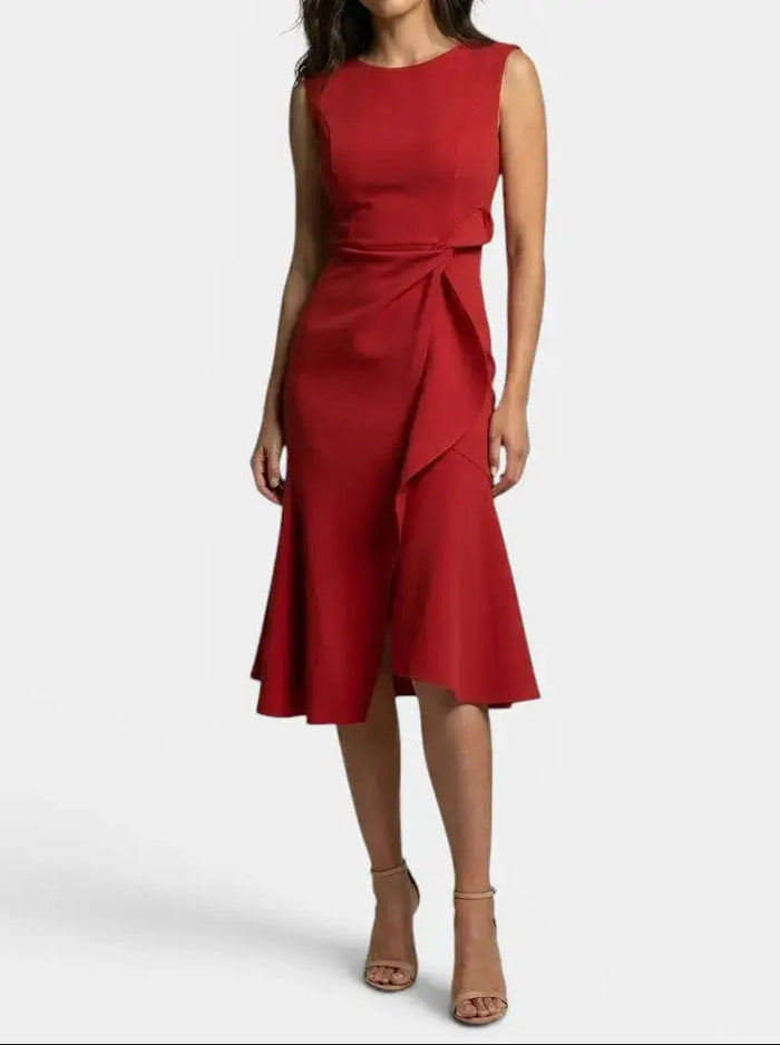 Elegant women's asymmetric midi dress by LondonLaneStore, sleeveless cocktail gown with sleek design for special occasions.