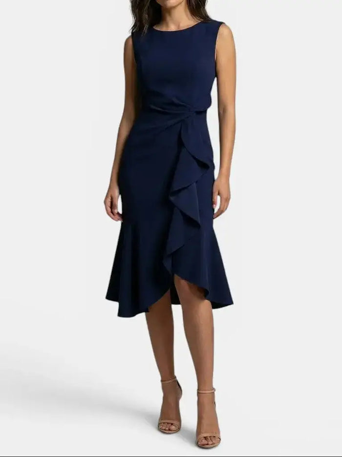 Elegant women's asymmetric midi dress by LondonLaneStore, sleeveless cocktail gown with sleek design for special occasions.