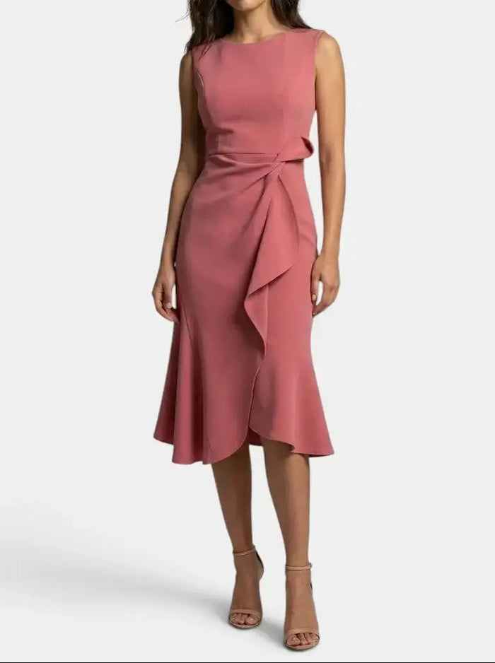 Elegant women's asymmetric midi dress by LondonLaneStore, sleeveless cocktail gown perfect for special occasions.