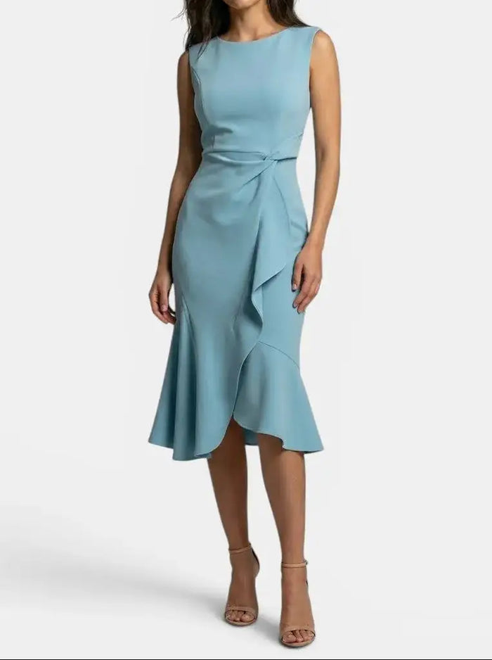 Elegant women's asymmetric midi dress by LondonLaneStore, sleeveless cocktail gown with sleek design for special occasions.