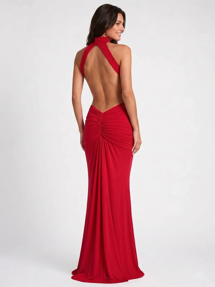 Women's elegant backless bodycon maxi dress with halter neck, stylish formal evening gown by LondonLaneStore.