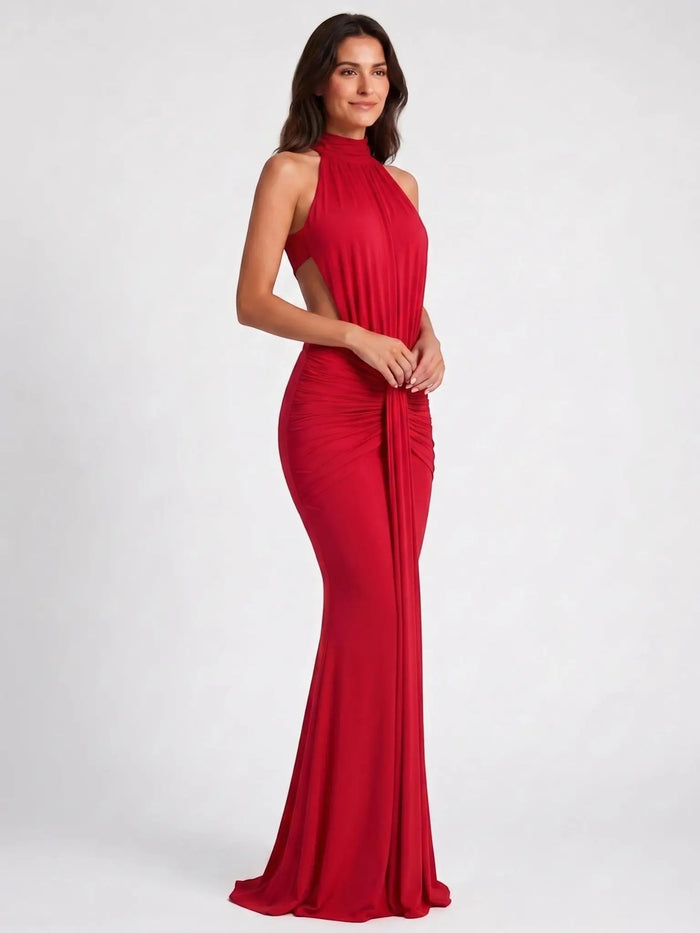 Elegant backless black bodycon maxi dress for women with halter neck, designed for formal evening occasions by LondonLaneStore.