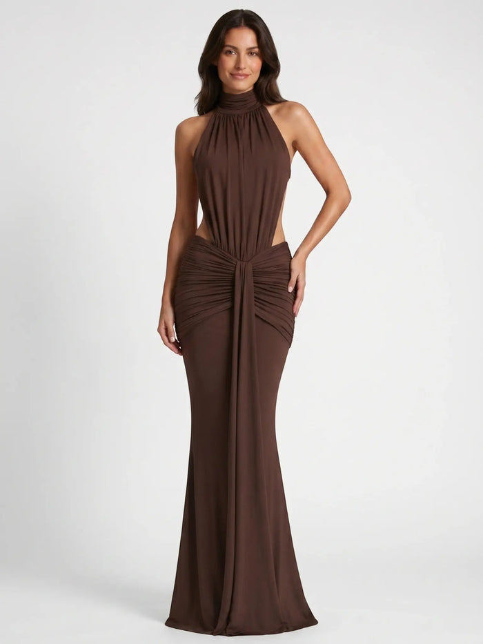 Elegant backless black bodycon maxi dress for women with halter neck, stylish formal evening gown by LondonLaneStore.