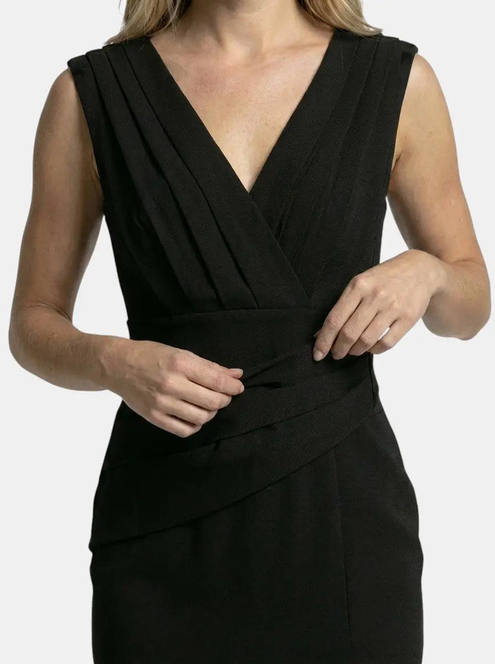 Women's elegant polyester blend midi dress with flattering V-neck and side slit, showcasing a sophisticated and stylish design.