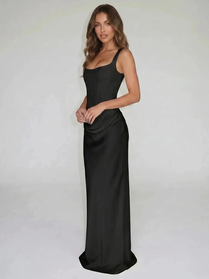 Women's sleeveless bodycon evening dress with open back, floor-length maxi gown by LondonLaneStore, elegant for special occasions.