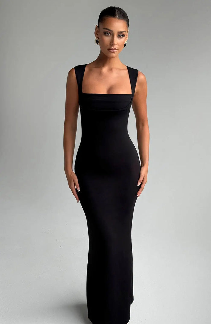 Elegant women's bodycon maxi dress with a sleek square neckline, perfect for formal evening occasions.