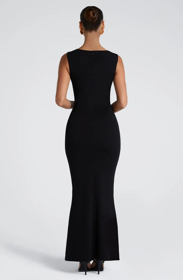 Elegant women's black bodycon maxi dress with a sleek square neckline, perfect for formal evening occasions.