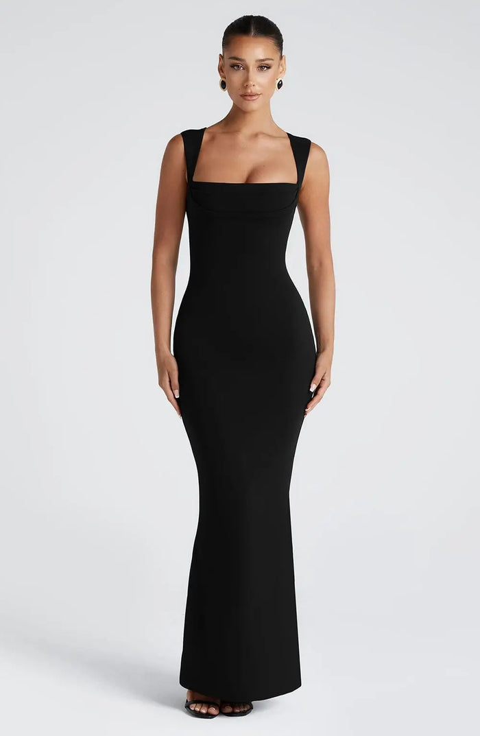 Elegant women's black bodycon maxi dress with a sleek square neckline, perfect for formal evening events.