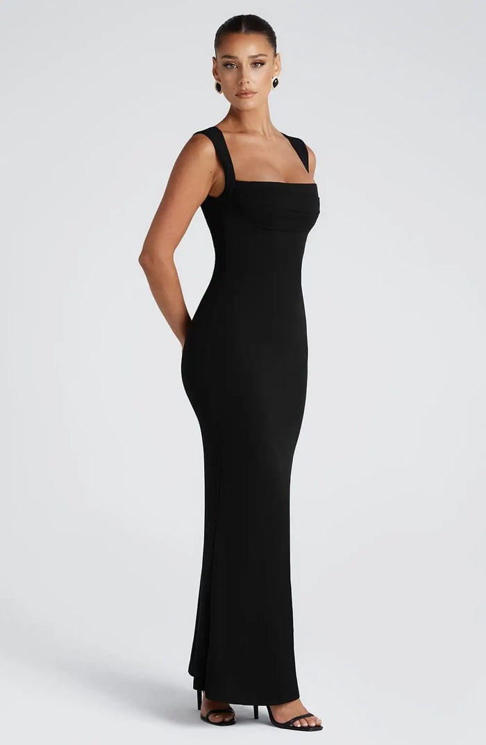 Women wearing a sleek square neckline elegant bodycon maxi dress, formal evening gown for special occasions.