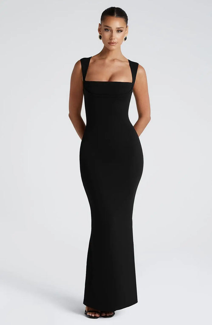 Women wearing a sleek black bodycon maxi dress with a square neckline, perfect for formal evening events.