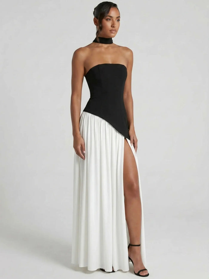 Elegant women's chiffon evening dress by LondonLaneStore, strapless floor-length gown with scarf detail for formal occasions.
