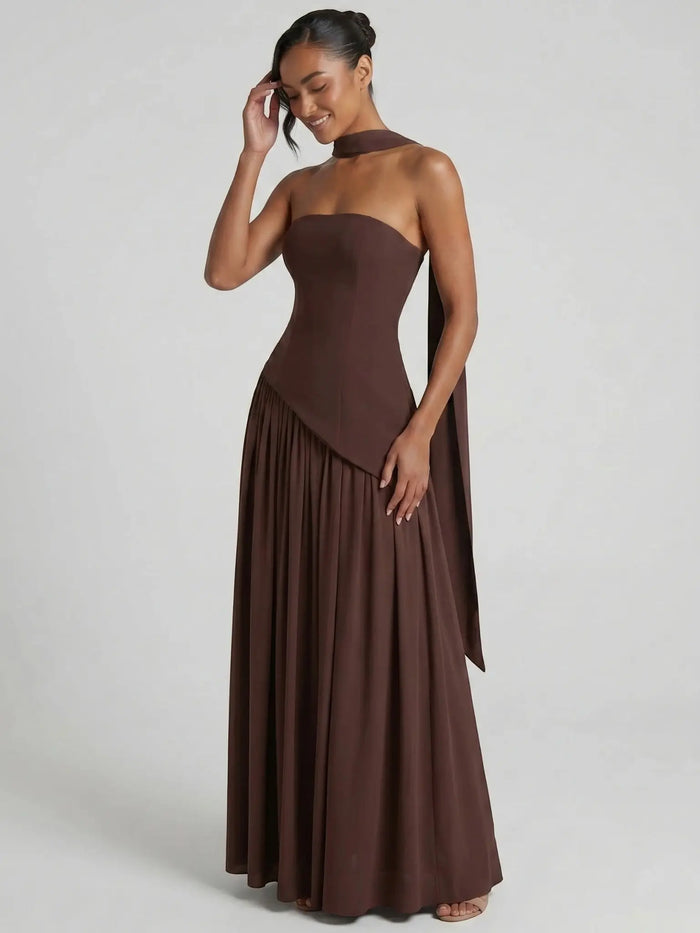 Elegant women's chiffon evening dress by LondonLaneStore featuring a strapless, floor-length maxi gown with a stylish scarf detail.