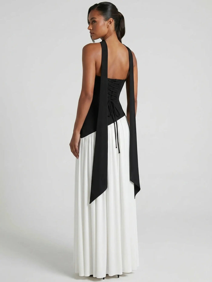 Elegant women's chiffon evening dress by LondonLaneStore featuring a strapless, floor-length design with scarf detail.