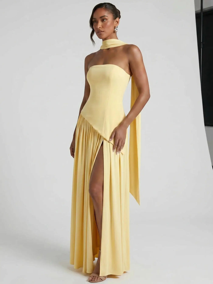 Women's elegant chiffon evening dress by LondonLaneStore, strapless floor-length formal gown with scarf detail.