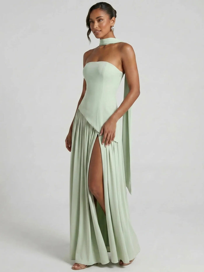 Women's strapless chiffon evening dress with scarf detail, floor-length formal gown, by LondonLaneStore.