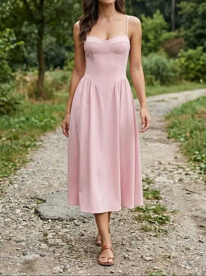 Elegant women's corset midi dress by LondonLaneStore featuring a flared A-line silhouette, perfect for weddings and formal occasions.