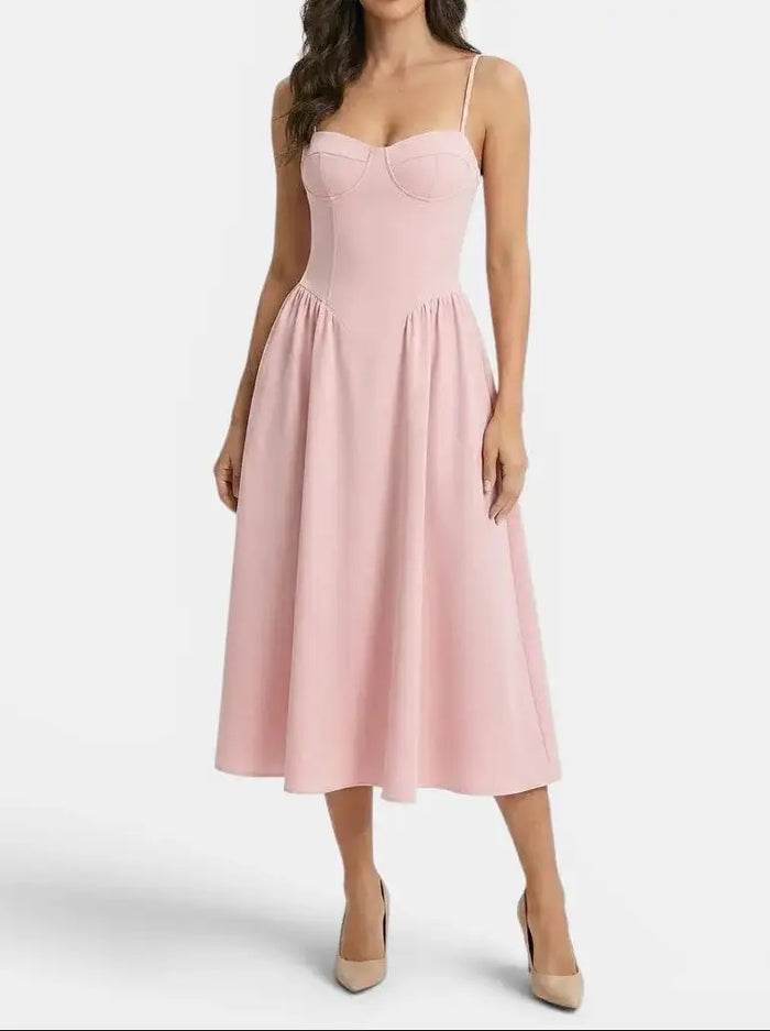Elegant women's corset midi dress with flared A-line silhouette, perfect for weddings and formal occasions.