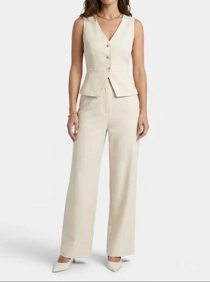 Elegant cream women's wide-leg trouser suit with tailored V-neck waistcoat, perfect for special occasions and sophisticated events.