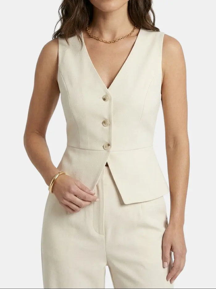 Elegant cream women's wide-leg trouser suit with tailored V-neck waistcoat, perfect for special occasions, by LondonLaneStore.
