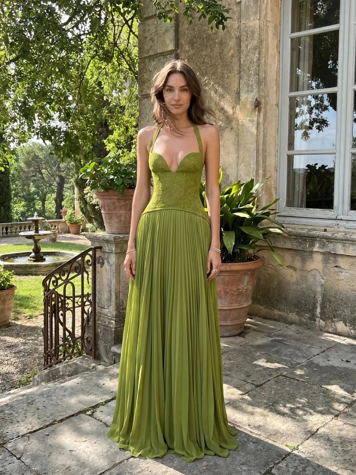 Women's elegant draped pleated maxi dress with structured corset style, designed by LondonLaneStore, perfect for evening wear.