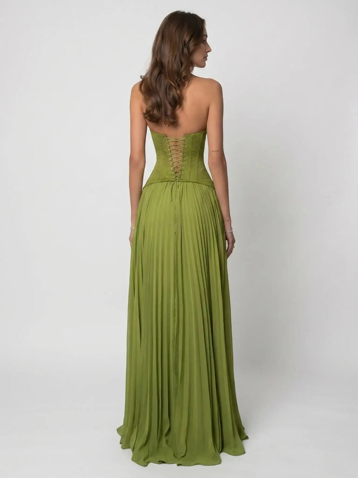 Women's elegant draped pleated maxi dress with structured corset style evening gown by LondonLaneStore, shown from front view.