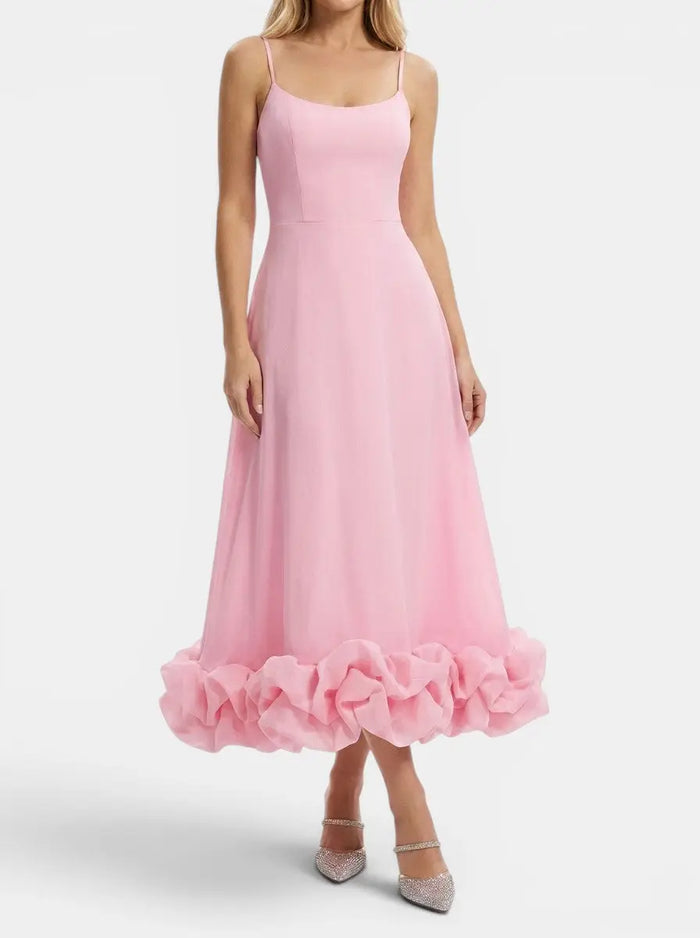 Elegant women's fabric midi evening dress with ruffle details, featuring a flattering fit and sophisticated style from LondonLaneStore.