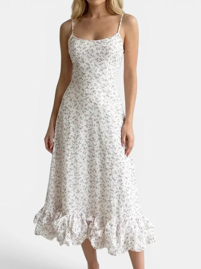 Elegant fabric midi evening dress for women with flattering ruffle design, featuring a stylish and sophisticated look.