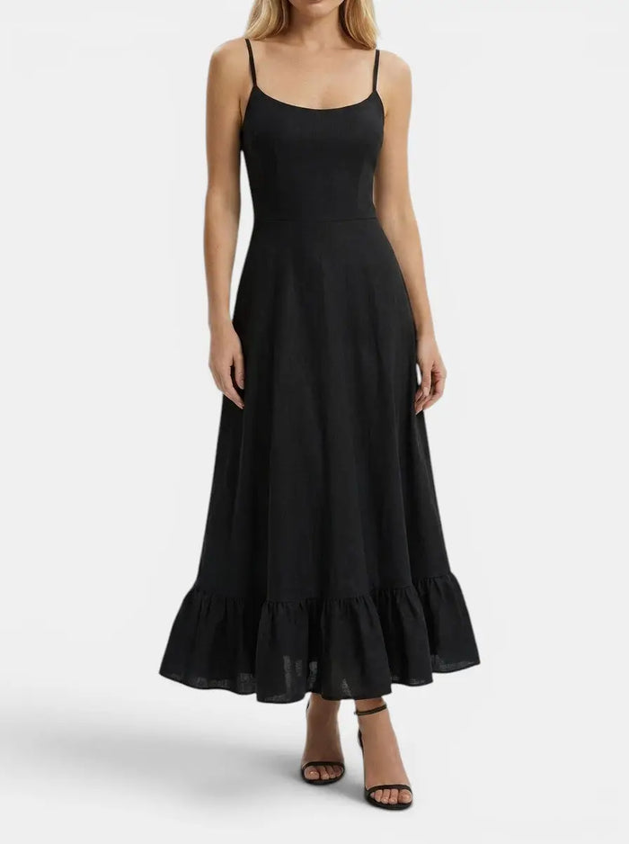 Elegant women's fabric midi evening dress with flattering ruffle design, featuring a sophisticated silhouette and stylish details.