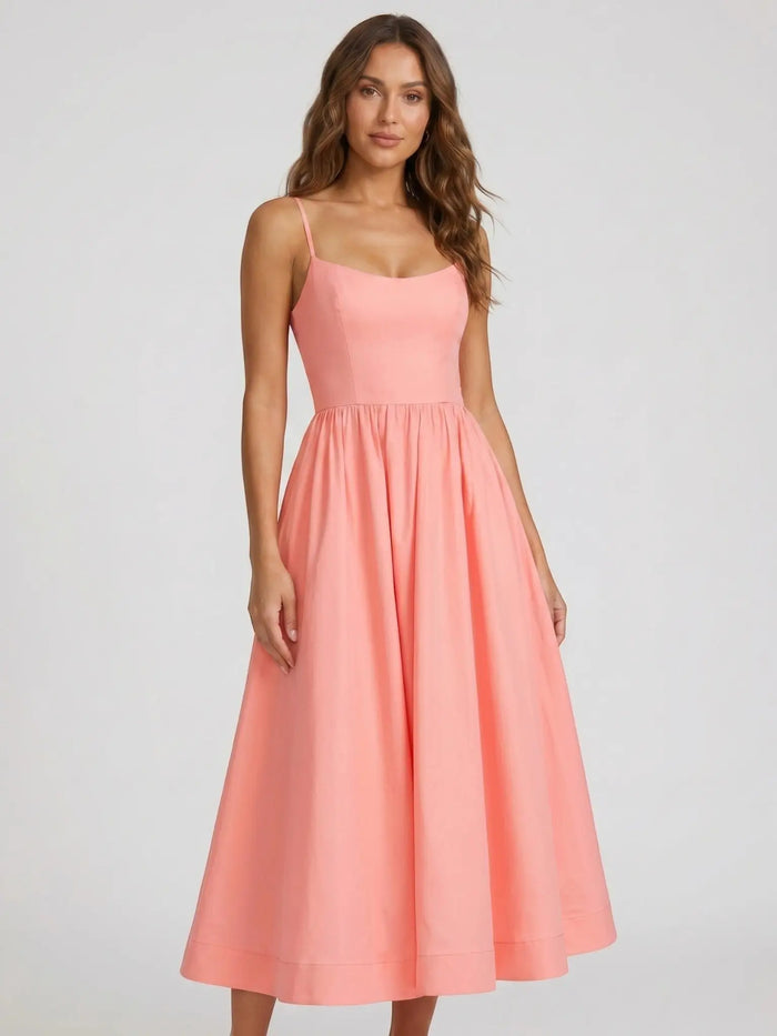 Elegant women's flared midi dress by LondonLaneStore with square neckline, perfect as formal wedding guest attire, shown in image.