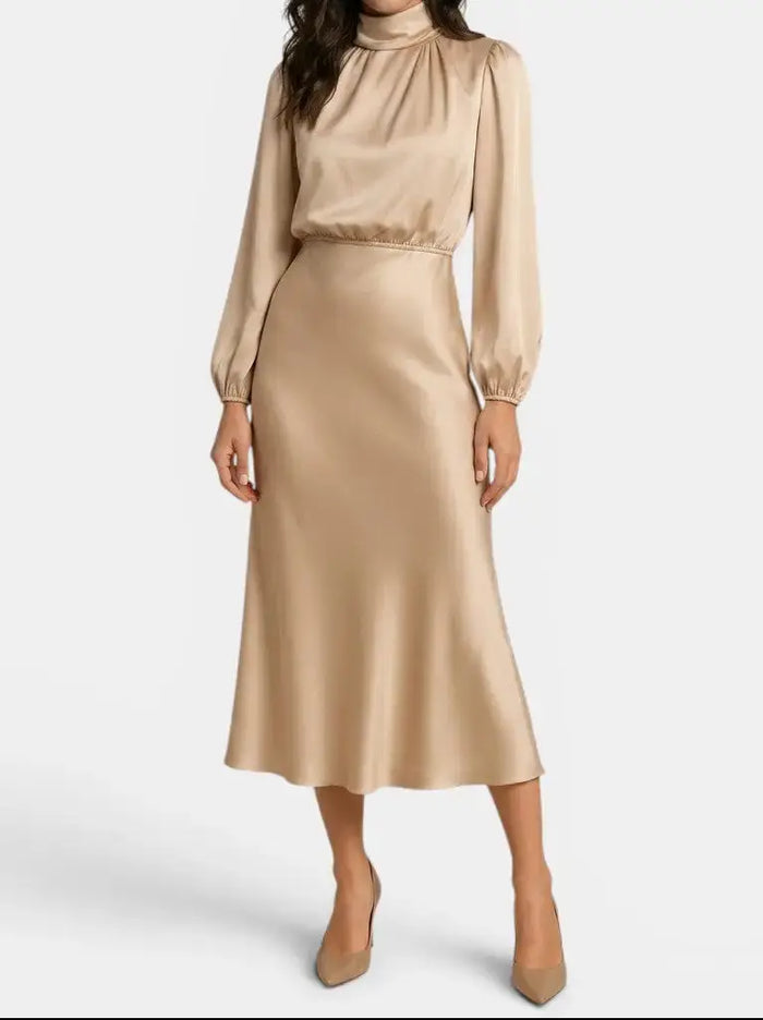 Elegant women's high neck midi dress with long sleeves, stylish cocktail gown from LondonLaneStore displayed on a model.