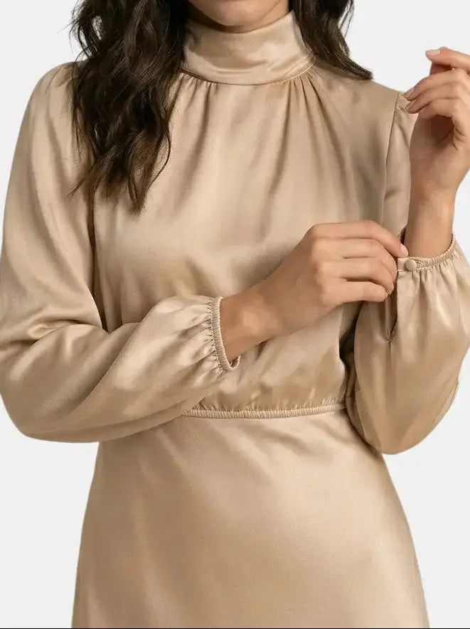 Elegant women's high neck midi dress with long sleeves, sophisticated cocktail gown by LondonLaneStore, shown on a model.